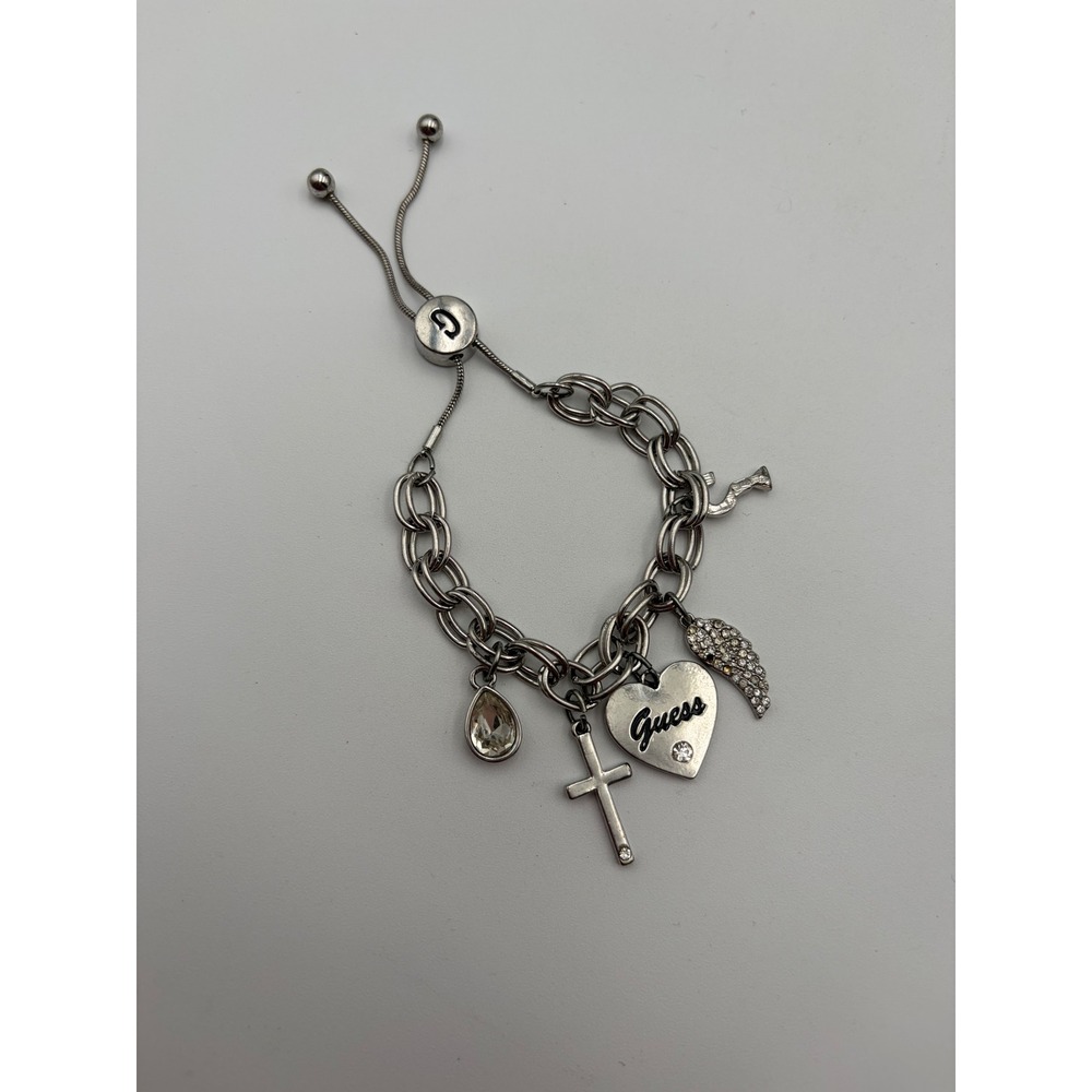 Guess Silver Tone Charm Bracelet Heart Angel Wing Cross Adjustable Slider Clasp